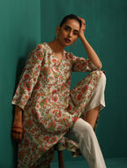 trueBrowns Off white Floral Jaal Muslin Silk Printed High Low Co-ord Set | Grocsy