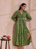 trueBrowns Lime Green Overall Blue Floral Block Print Cotton Wrap Dress | Grocsy
