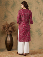 InWeave Women's Burgundy Maroon Print V Neck Lace Work Straight Kurta | Grocsy