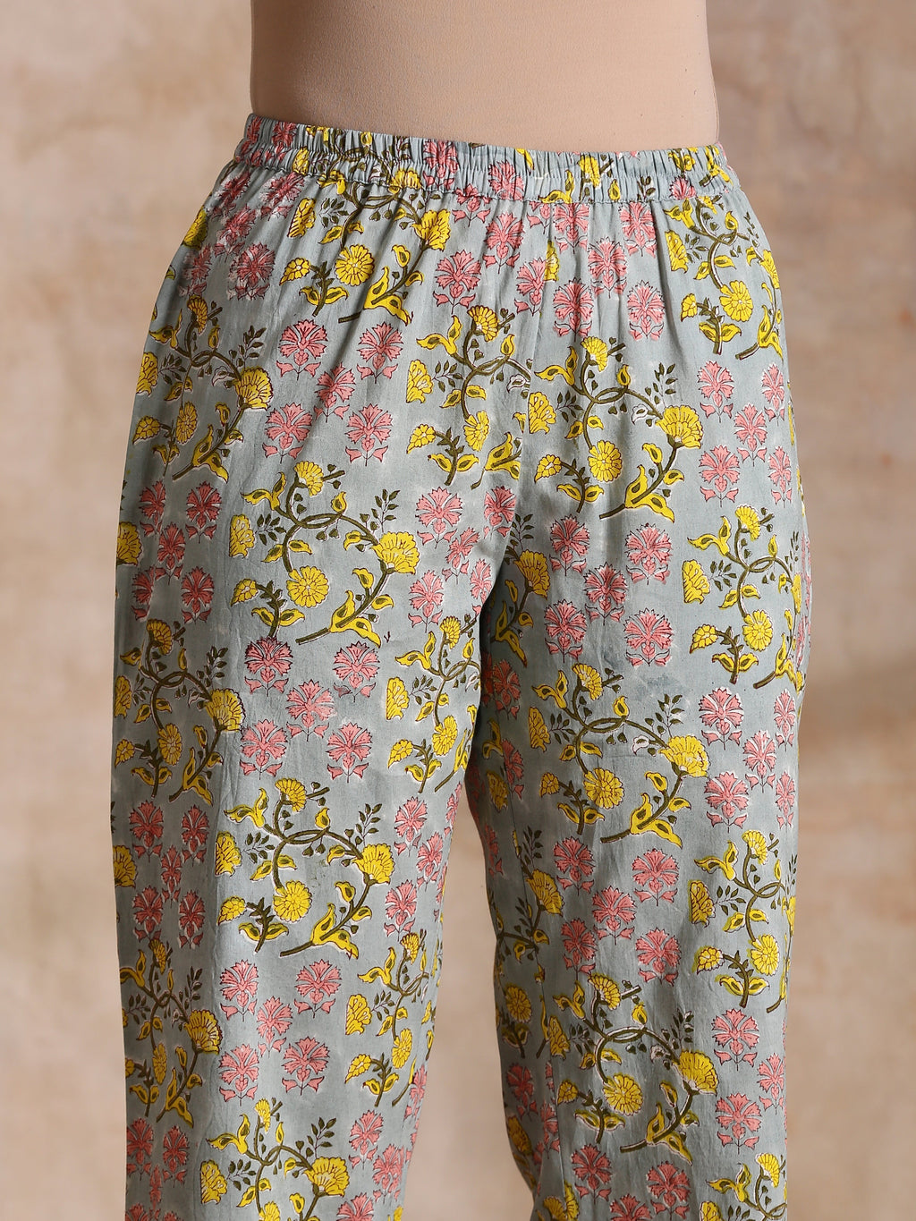 trueBrowns Grey Overall Floral Block Print Cotton Angrakha Kurta Pant Set | Grocsy
