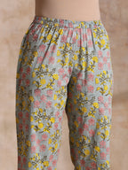 trueBrowns Grey Overall Floral Block Print Cotton Angrakha Kurta Pant Set | Grocsy