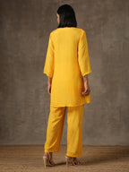 trueBrowns Yellow Bandhani Flare Printed Silk Co-Ord Set | Relove | Grocsy