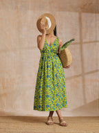 trueBrowns Lime Green Overall Teal Floral Block Print Cotton Sleeveless Wrap Dress | Grocsy