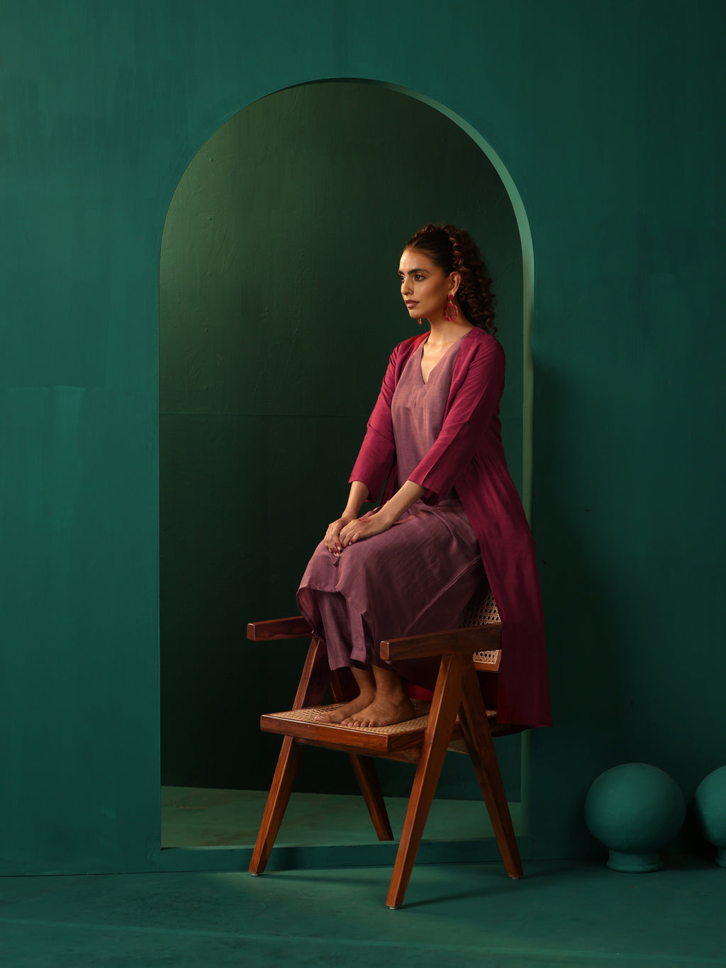 trueBrowns Maroon Light Mauve Silk Jacket Kurta Set | Grocsy