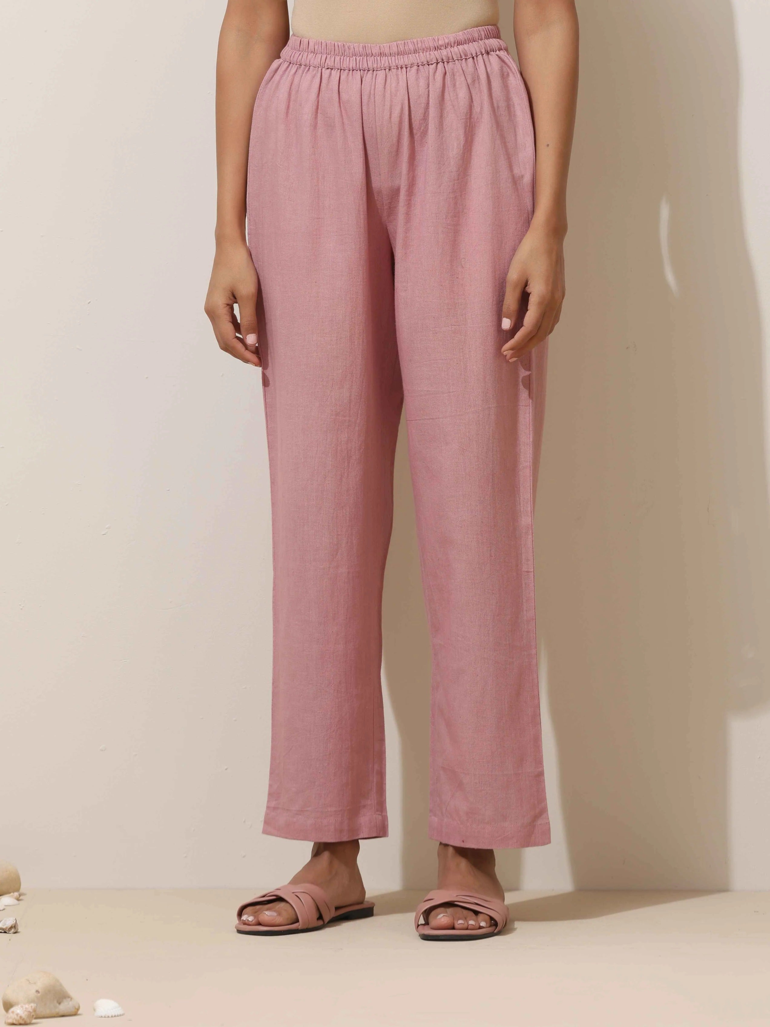 trueBrowns Pink Cotton Linen Kurta Pant Set | Grocsy