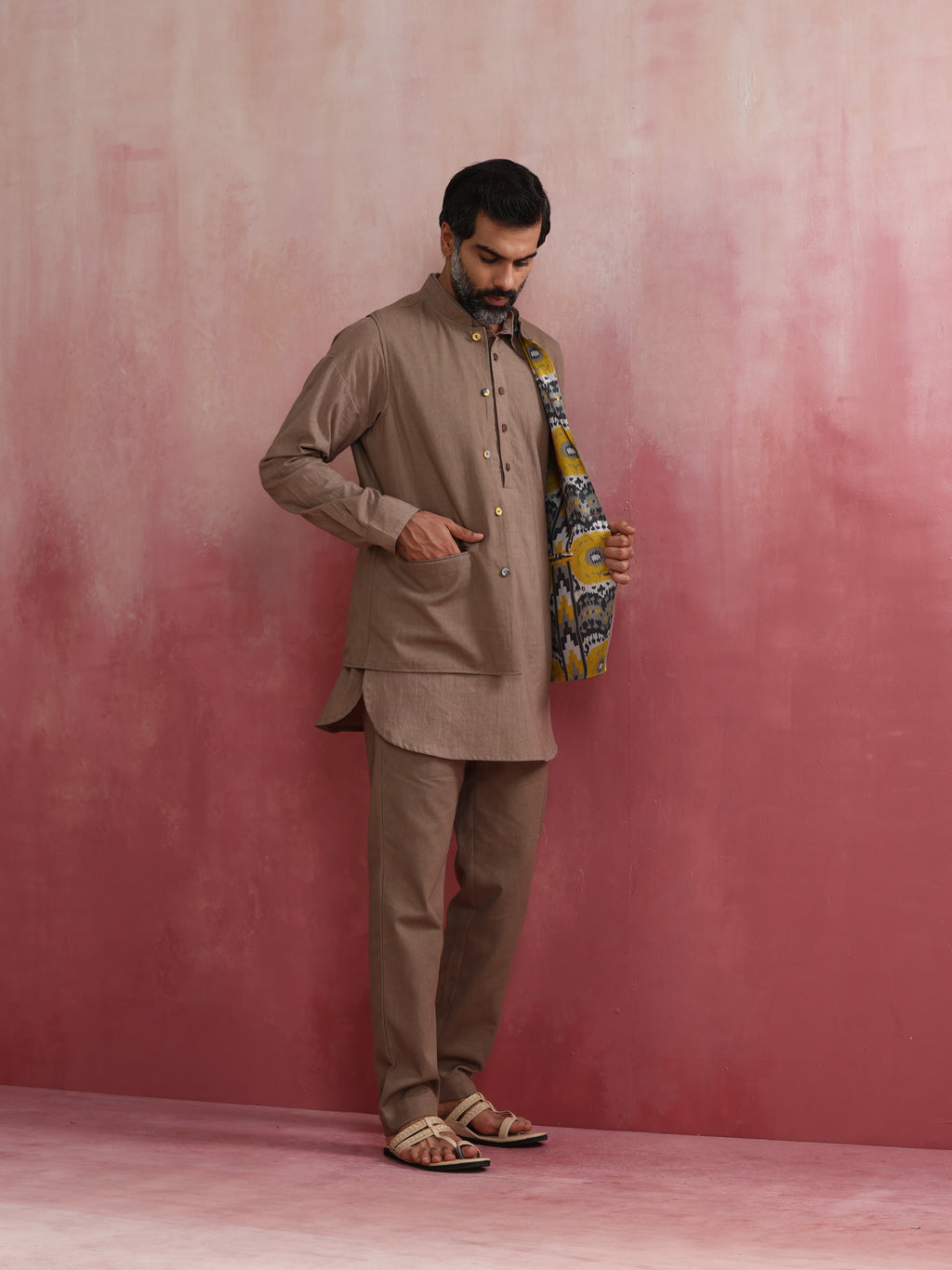 trueBrowns Men's Grey Ikat Print Cotton Reversible Nehru Jacket | Grocsy