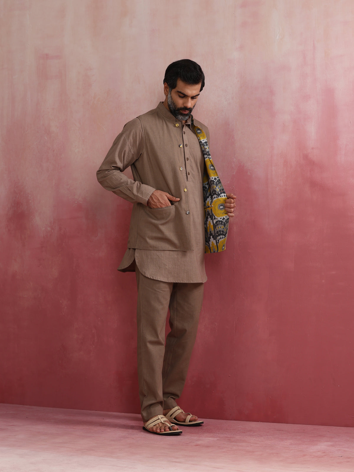 trueBrowns Men's Grey Ikat Print Cotton Reversible Nehru Jacket | Grocsy
