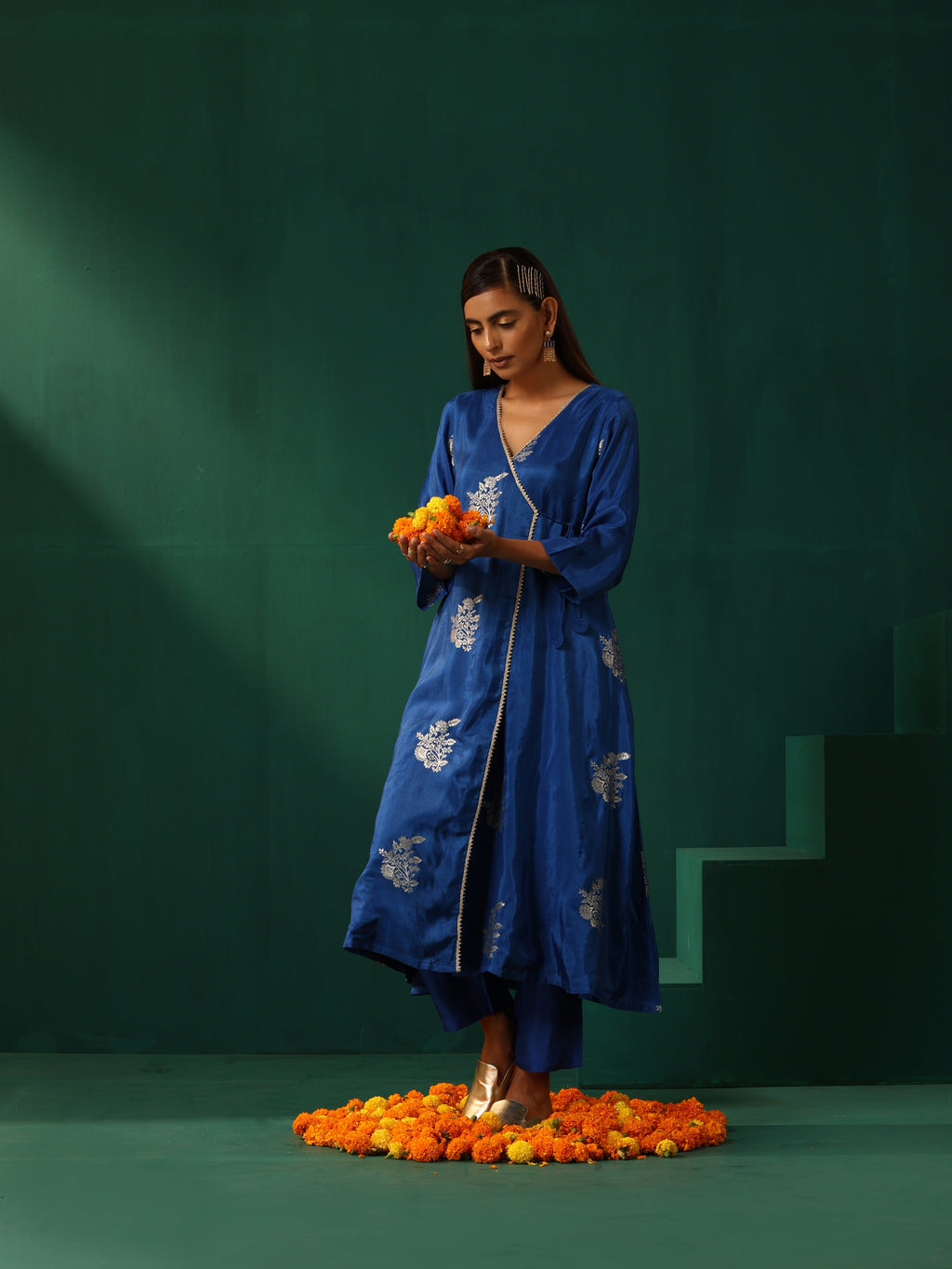 trueBrowns Royal Blue Floral Viscose Silk Angrakha Kurta Pant Set | Grocsy