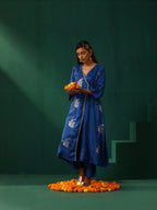 trueBrowns Royal Blue Floral Viscose Silk Angrakha Kurta Pant Set | Grocsy