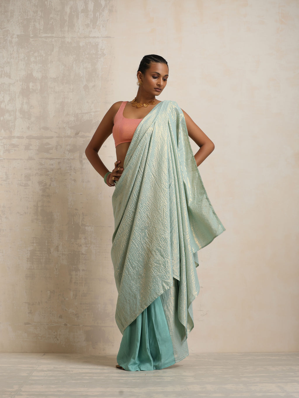 trueBrowns Blue Gold Lurex Ready To Wear Saree | Grocsy