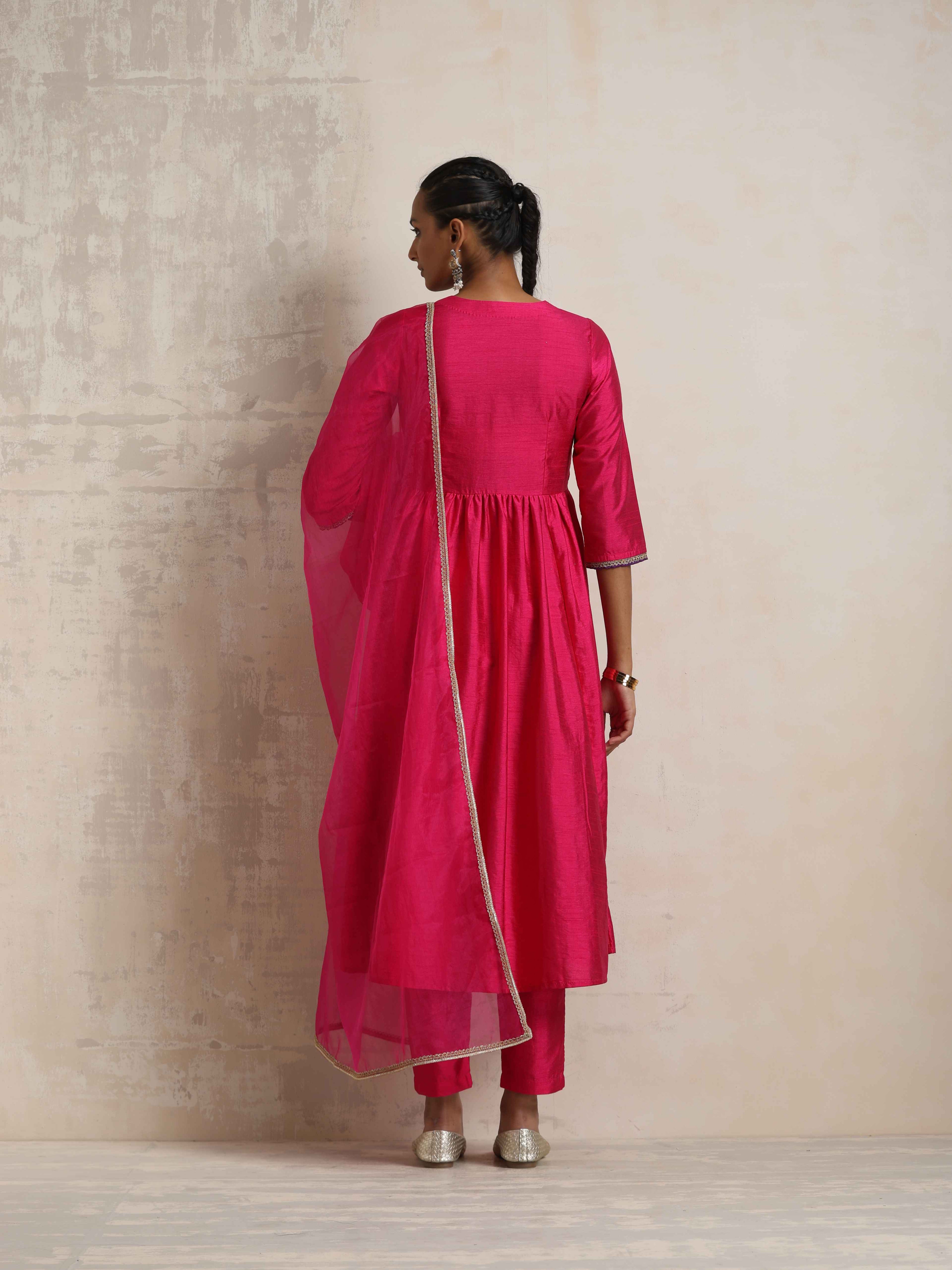 trueBrowns Pink Silk Anarkali Kurta Pant Dupatta Set | Grocsy