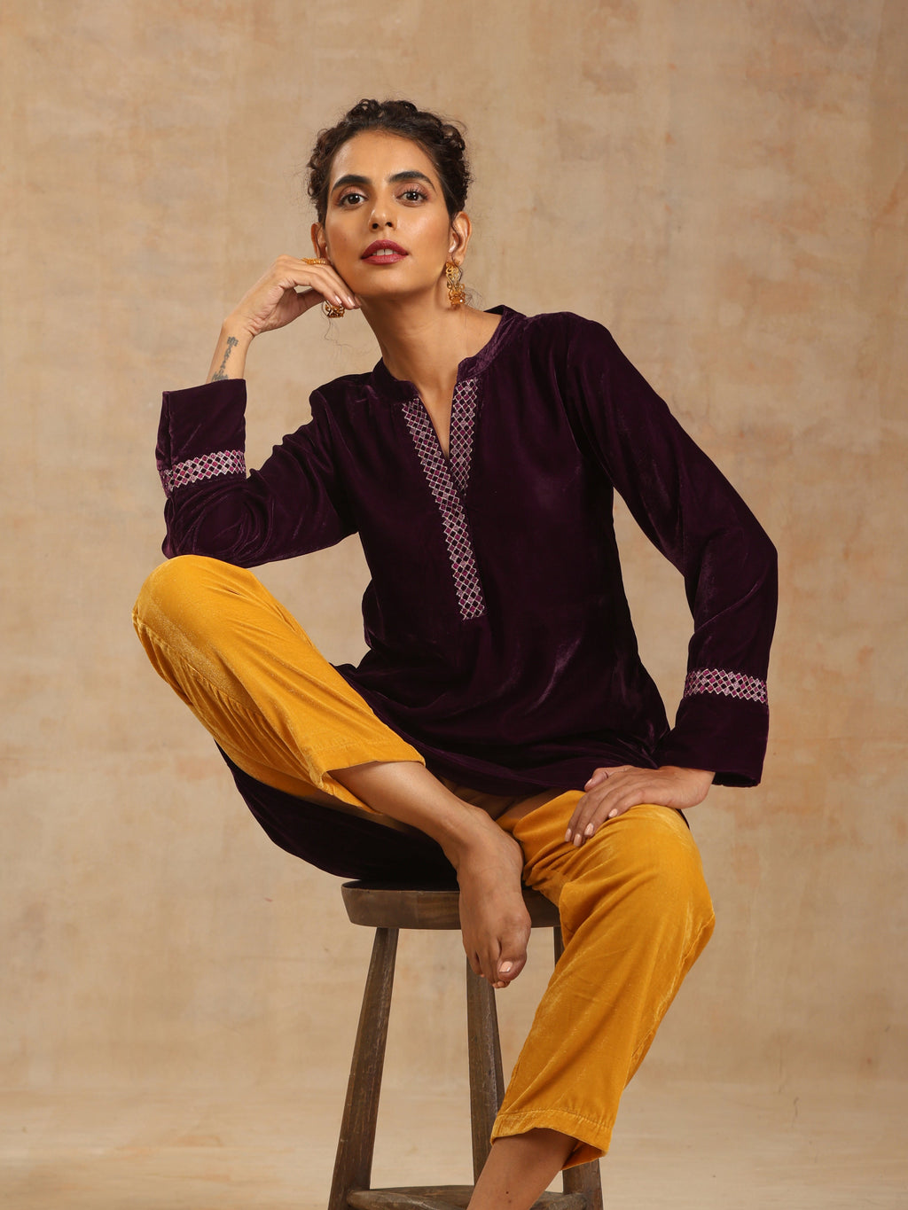 trueBrowns Wine Velvet Placket Embroidered Co-ord Set | Grocsy