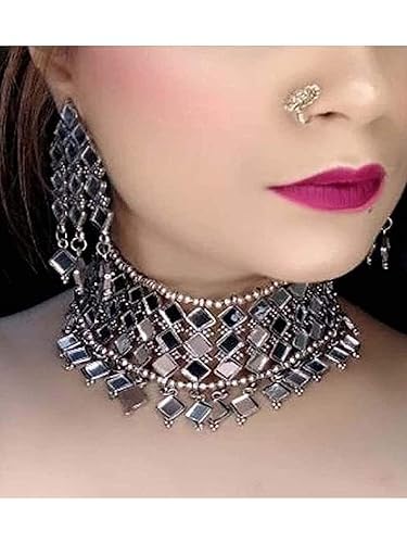 Tehzeeb Creations Women's Silver Colour Oxidised Necklace And Earring With Mirror Work | Grocsy