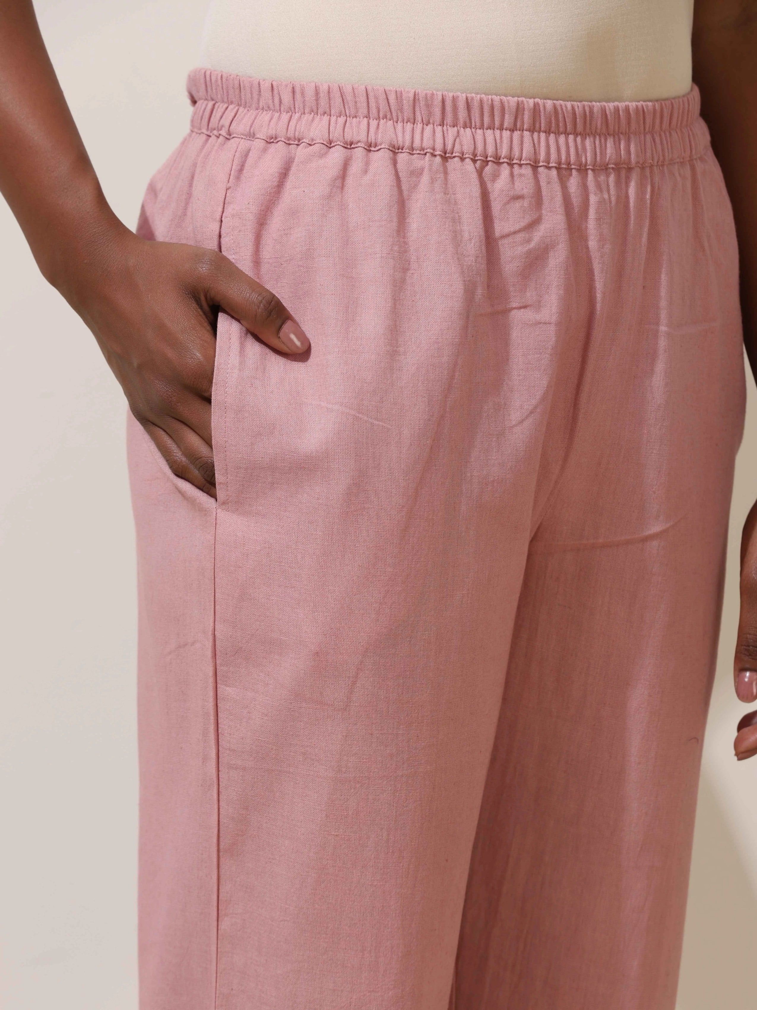 trueBrowns Pink Cotton Linen Kurta Co-Ord Set | Grocsy