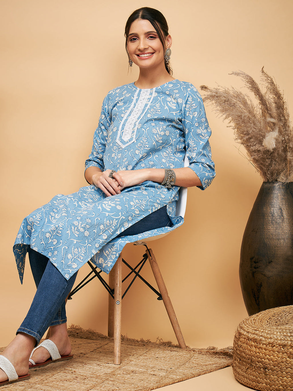 InWeave Women's Powder Blue White Print Lace Straight Kurta | Grocsy