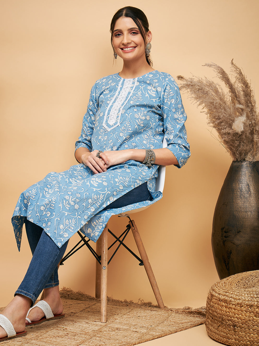 InWeave Women's Powder Blue White Print Lace Straight Kurta | Grocsy