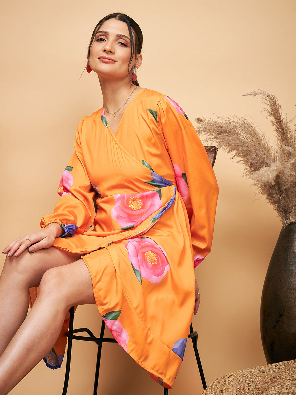 InWeave Women's Haldi Yellow Pink Mauve Flower Belted Dress | Grocsy