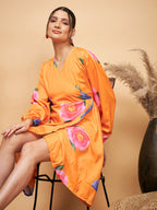 InWeave Women's Haldi Yellow Pink Mauve Flower Belted Dress | Grocsy
