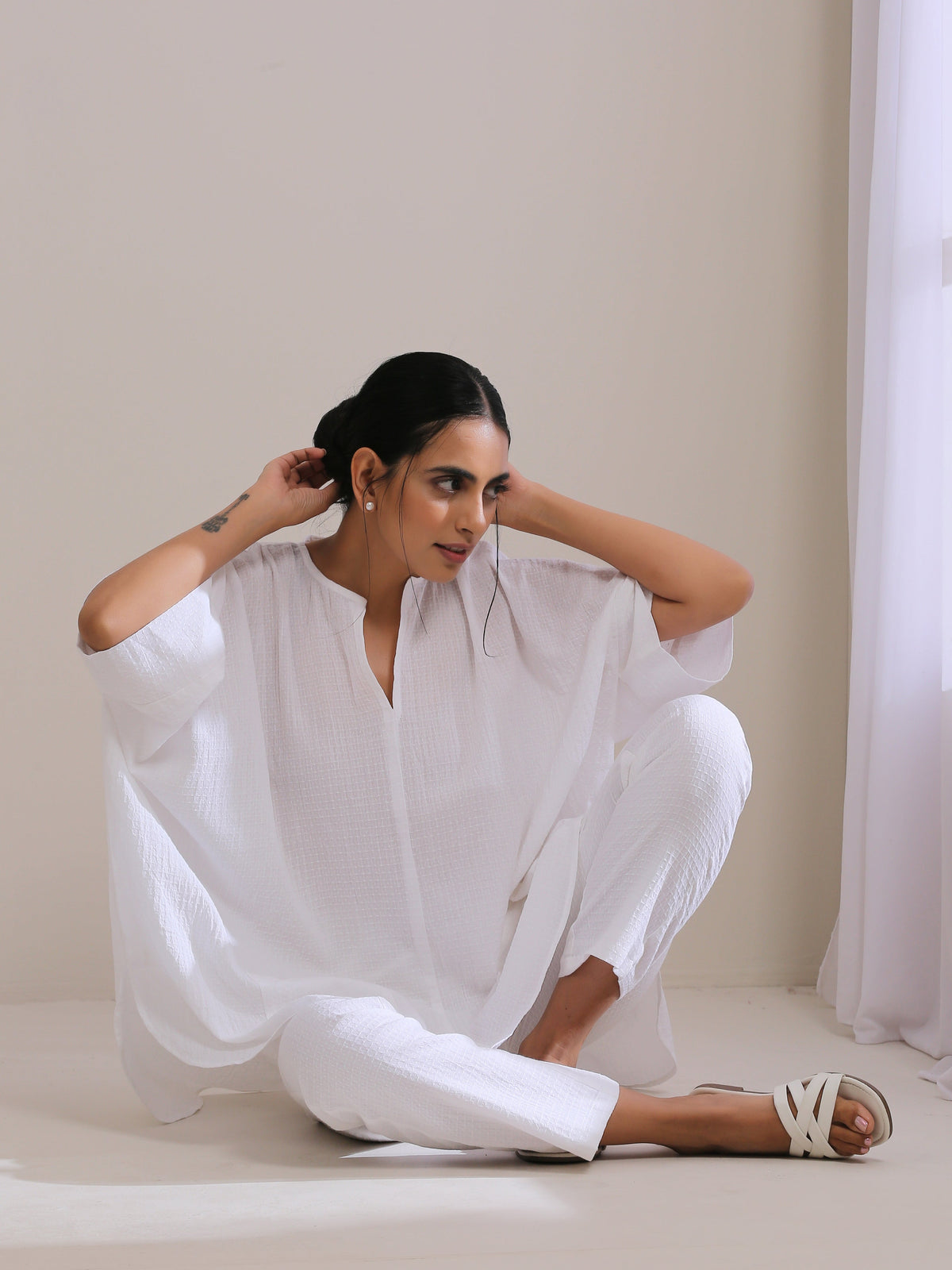 trueBrowns White Dobby Boxy Fit High Low Co-Ord Set | Grocsy
