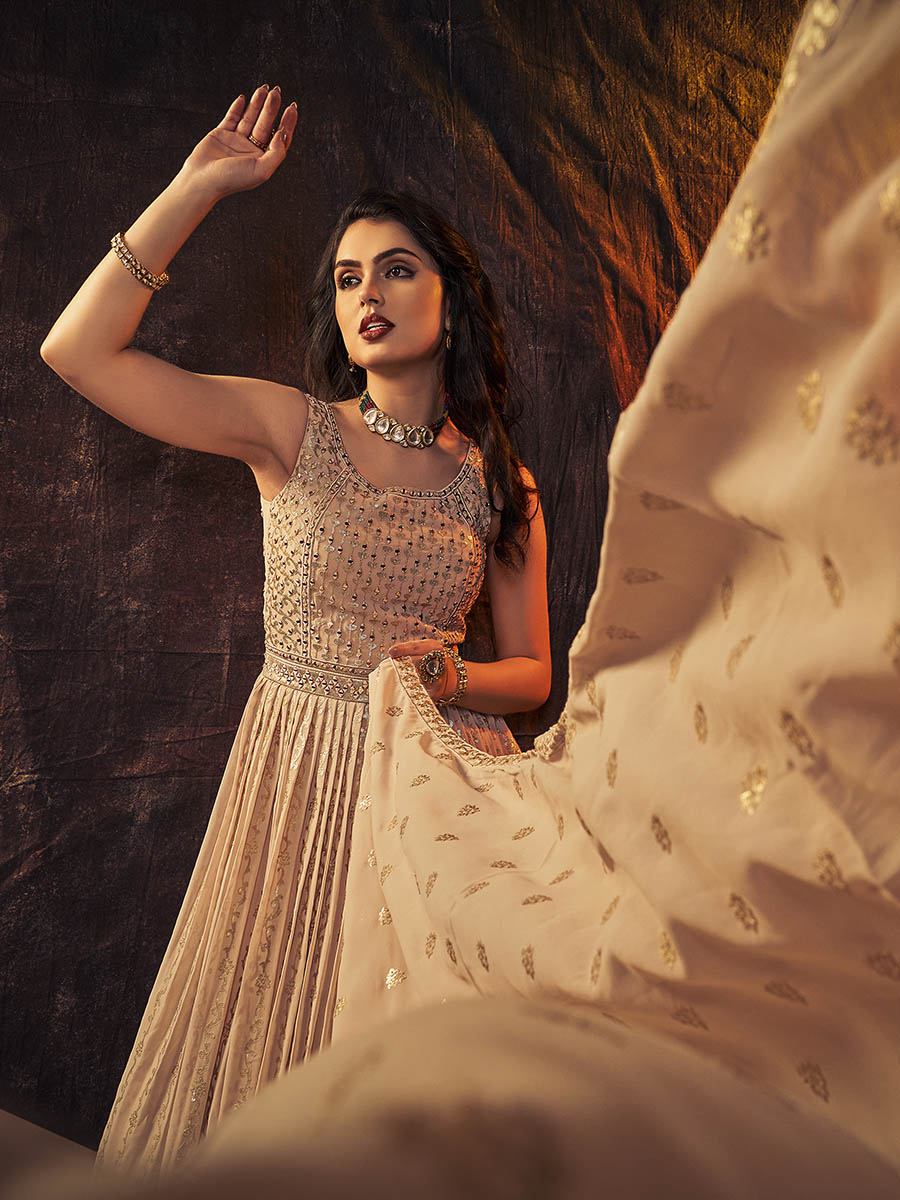Myra Peach Real Georgette Designer Gown Style Suit | Grocsy