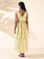 trueBrowns Lime Cotton Ikat Sleeveless Flared Dress | Grocsy