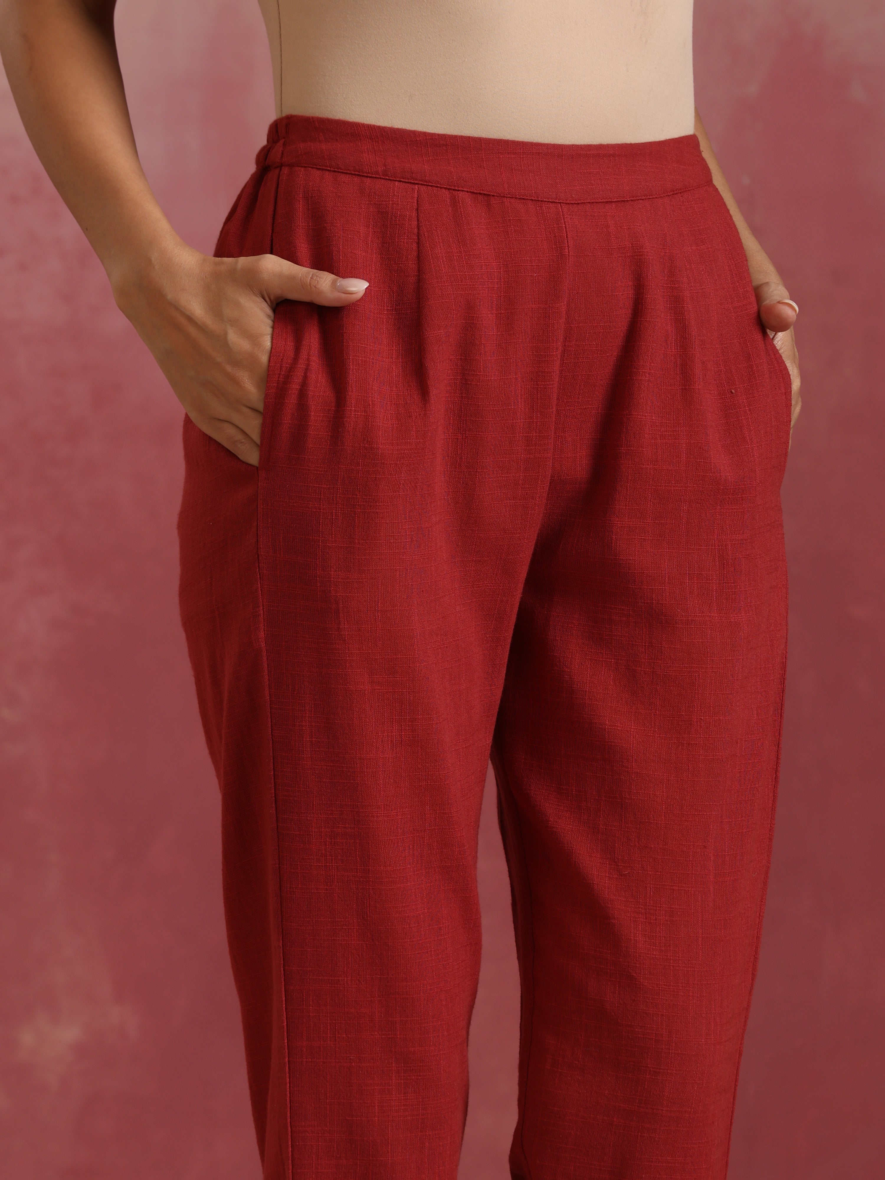 trueBrowns Maroon Cotton Dobby Kurta Set | Grocsy
