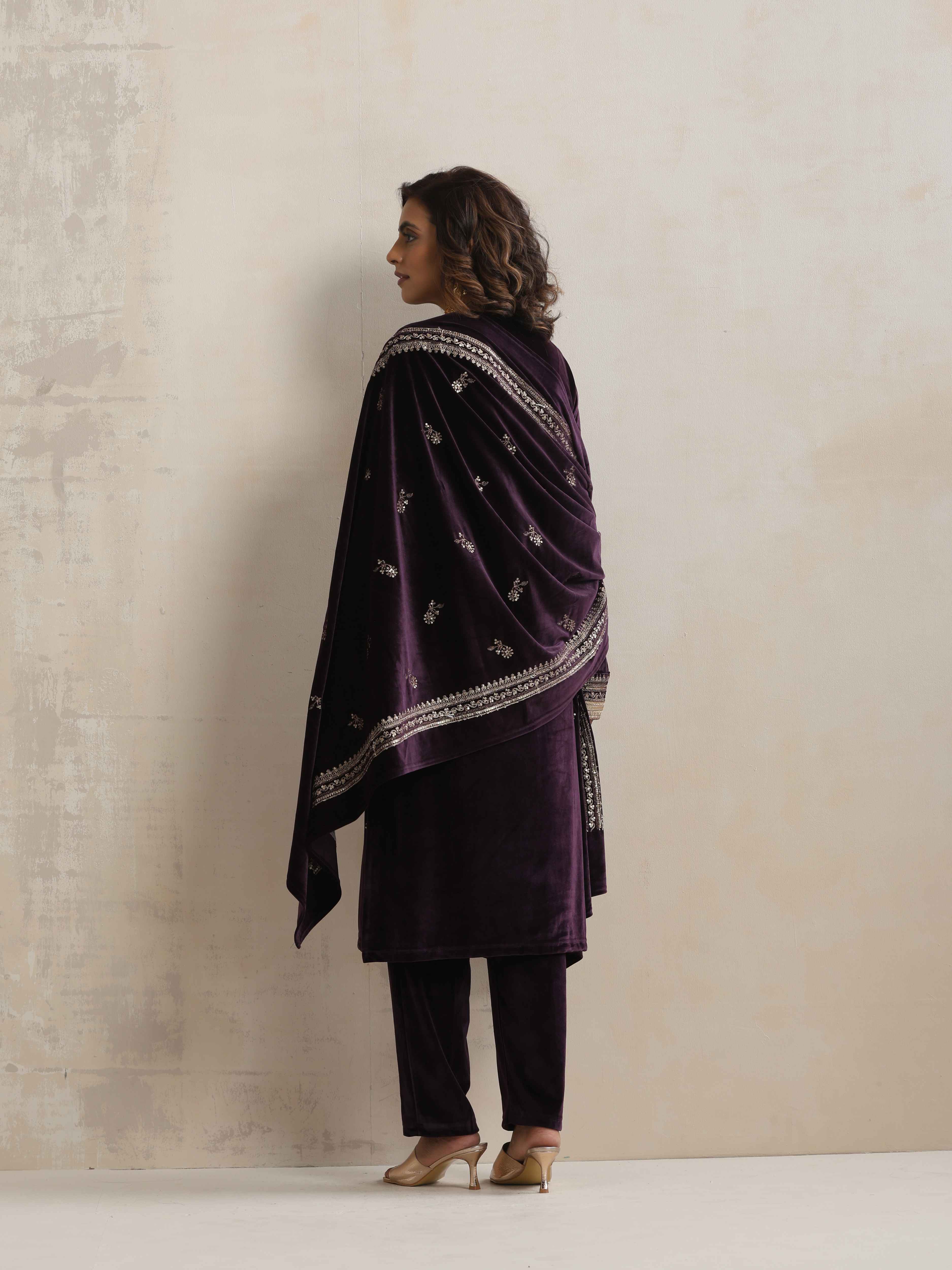 trueBrowns Wine Velvet Floral Embroidered Kurta Pant Dupatta Set | Grocsy