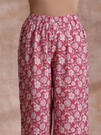 trueBrowns Pink Green Floral On White Block Print Cotton Slit Kurta Pant Set | Relove | Grocsy