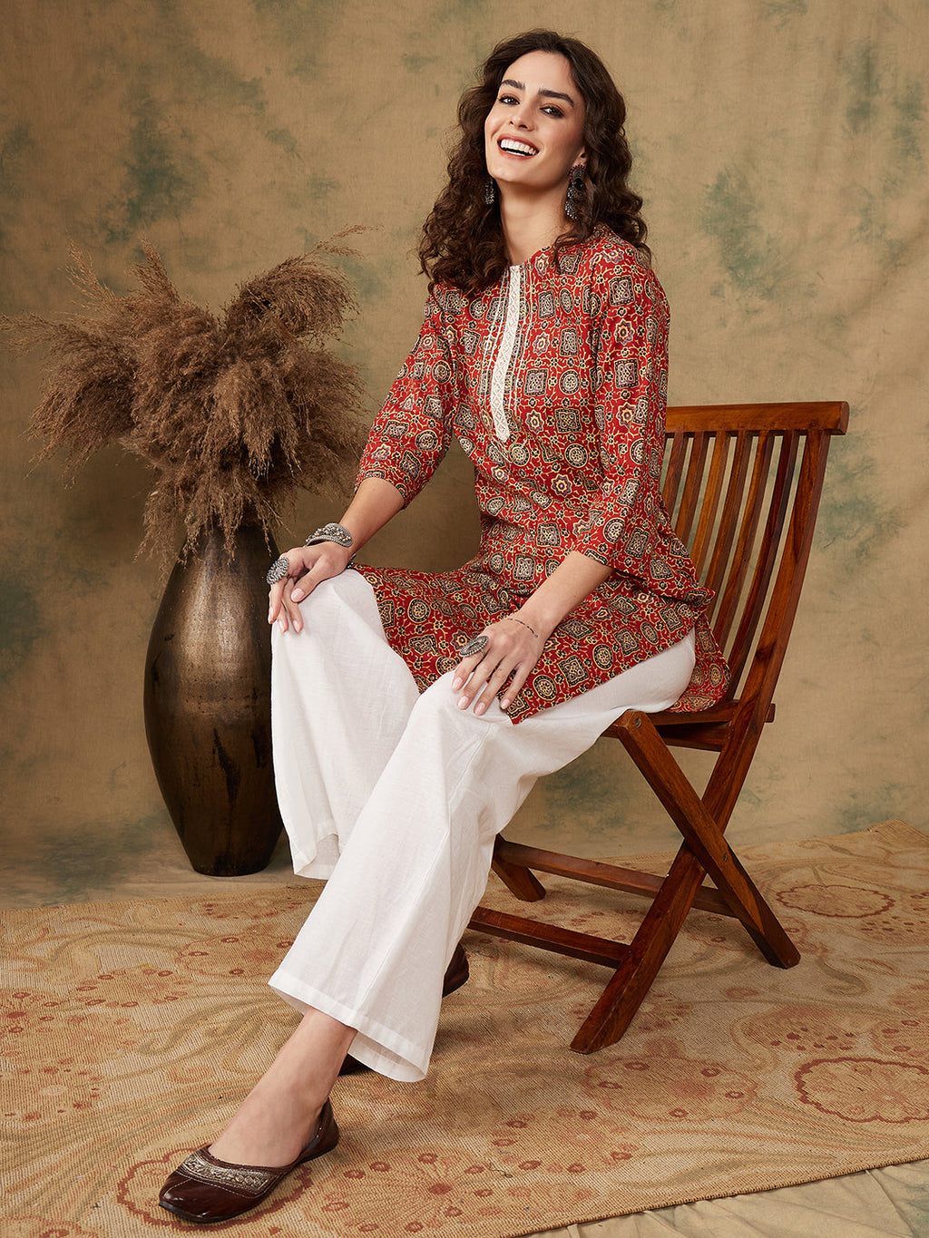 InWeave Women's Maroon Ethnic Print Lace Gota Work Straight Kurta | Grocsy