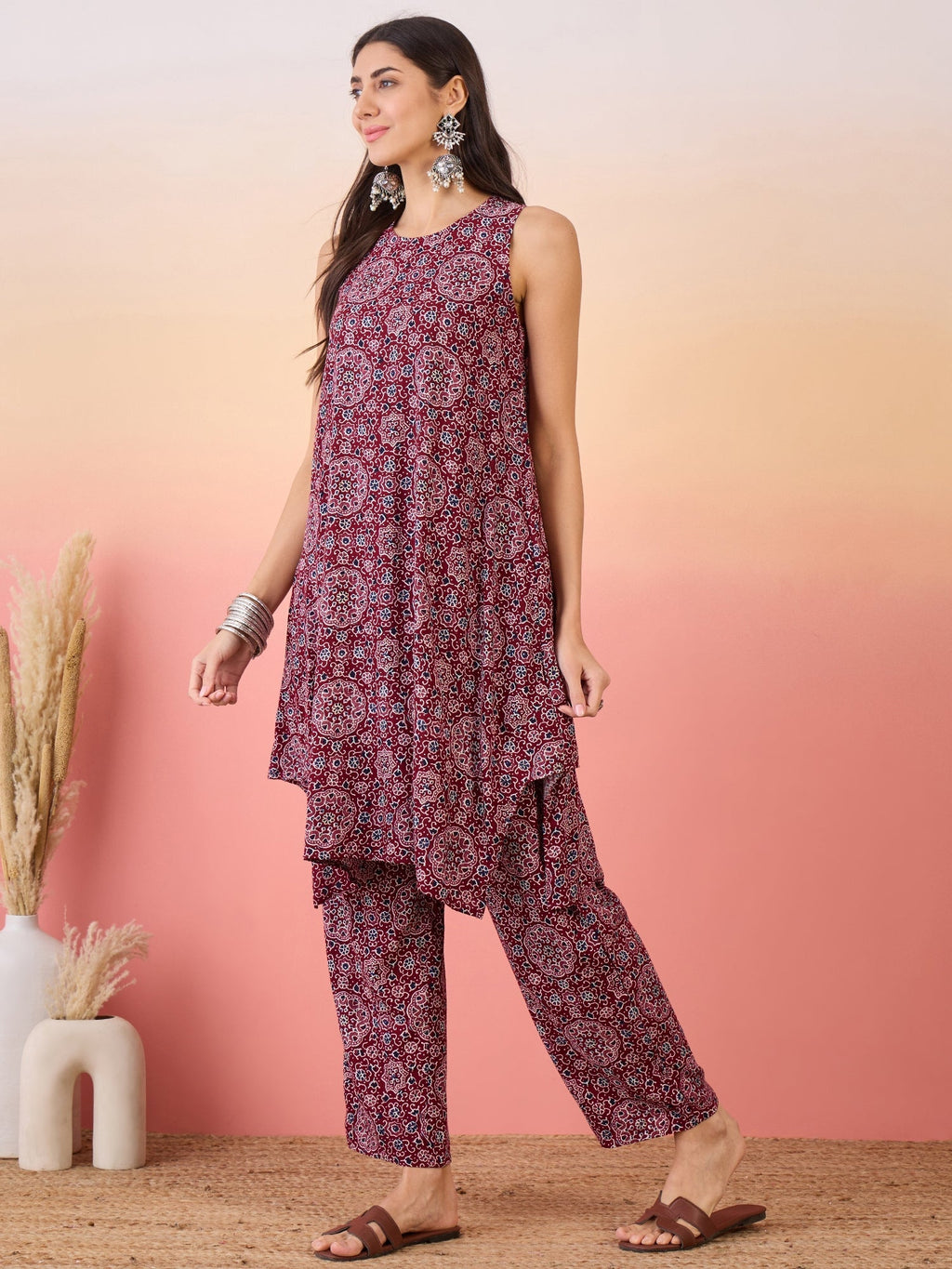 InWeave Maroon Navy Ajrakh Foil Round Neck Kurta Pant Set | Grocsy