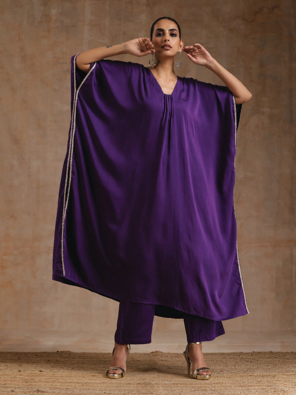 trueBrowns Violet Modal Satin Kaftan Kurta Set | Grocsy