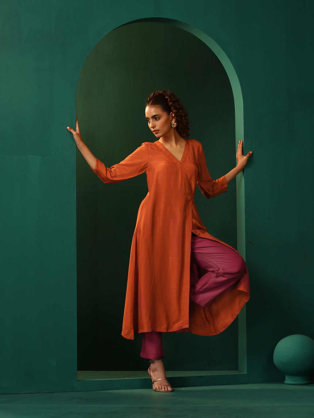 trueBrowns Rust Silk Angrakha Kurta Pant Set | Grocsy