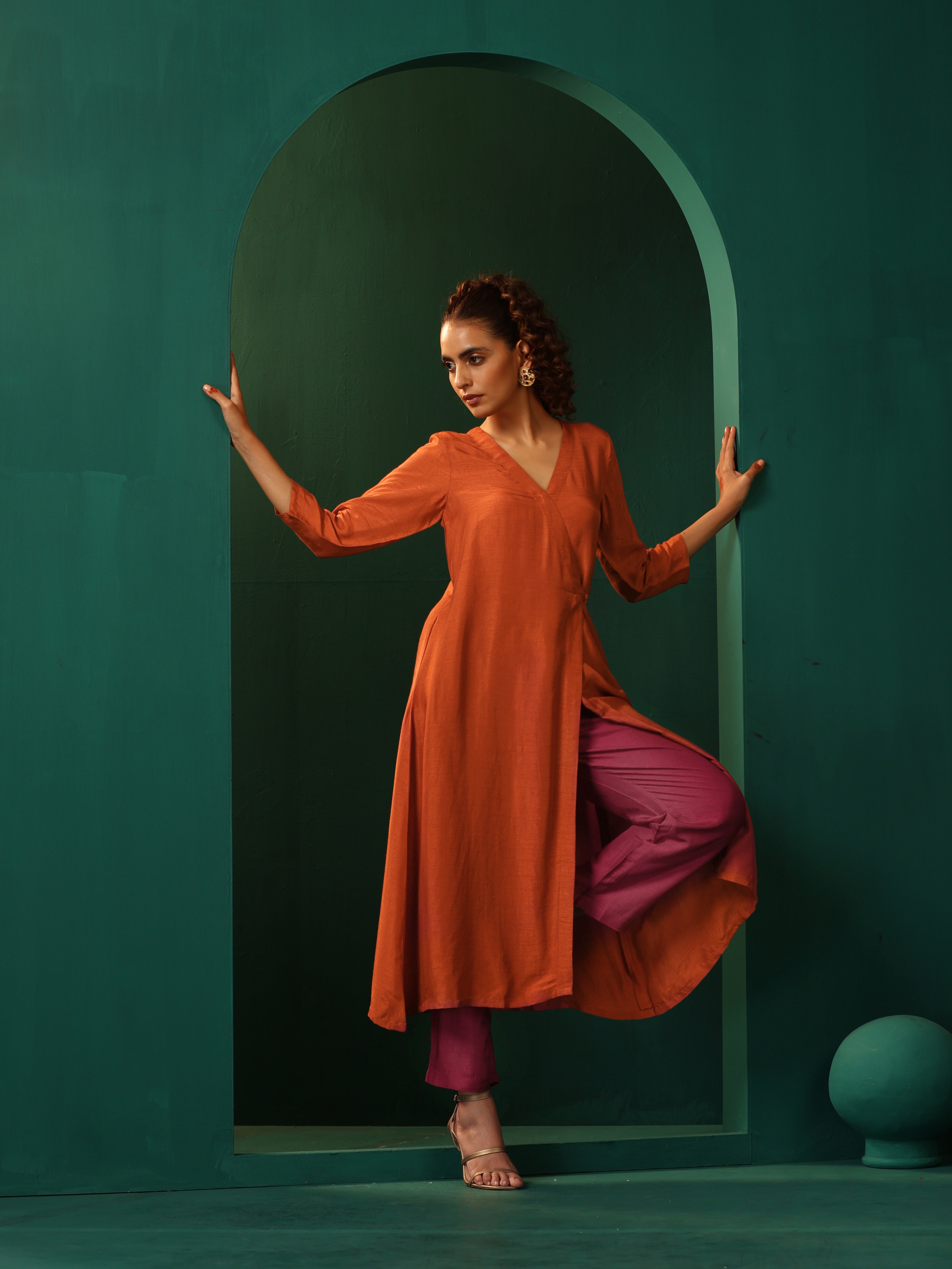 trueBrowns Rust Silk Angrakha Kurta Pant Set | Grocsy