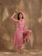 trueBrowns Light Mauve Bandhani Printed Silk Angrakha Kurta Pant Set | Grocsy