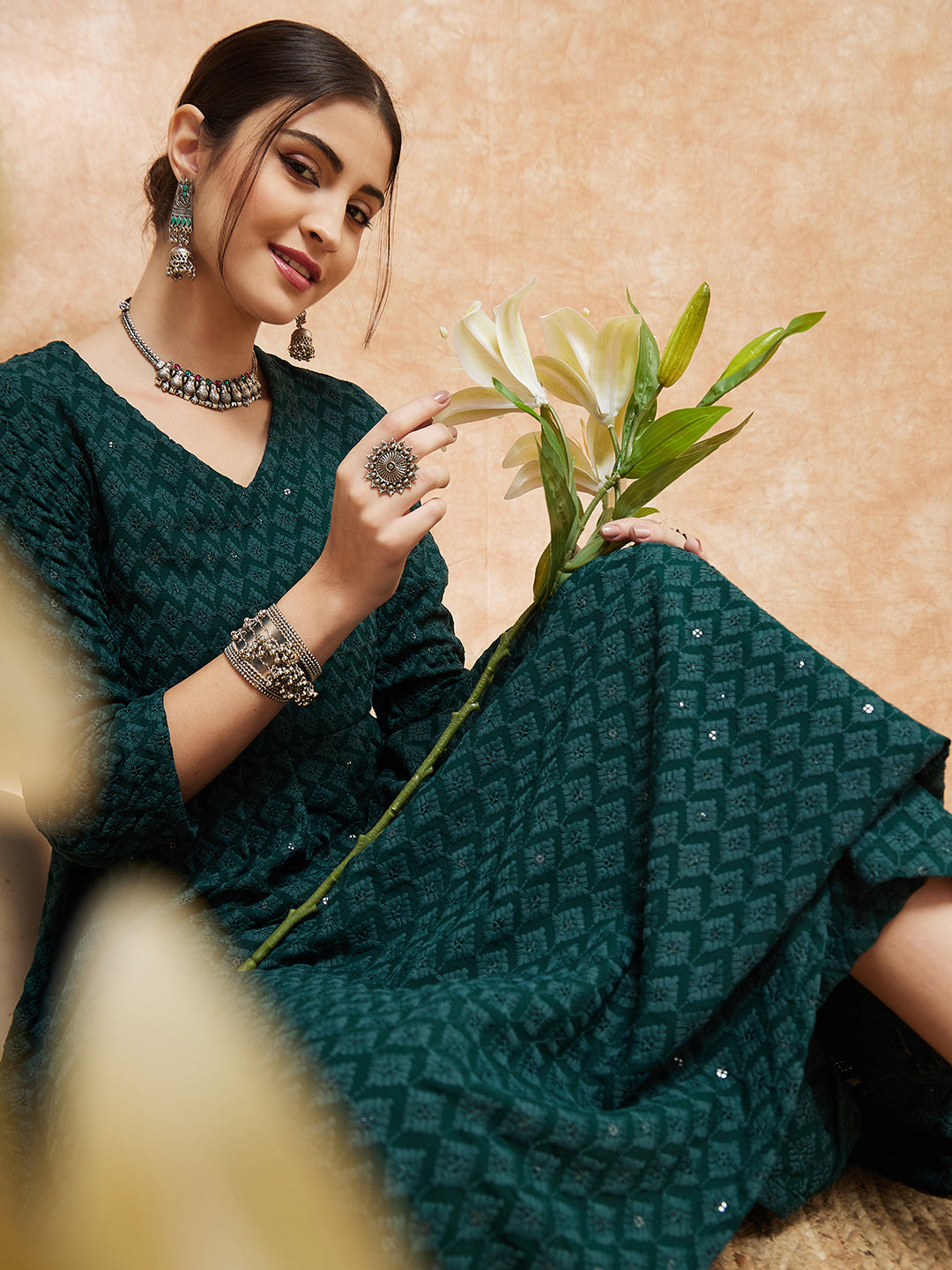 InWeave Women's Forest Green Chikankari Long Anarkali Kurta Sharara Set | Grocsy