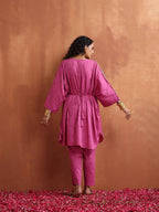 trueBrowns Pink Print Kaftan Kurta Co-ord Set | Grocsy