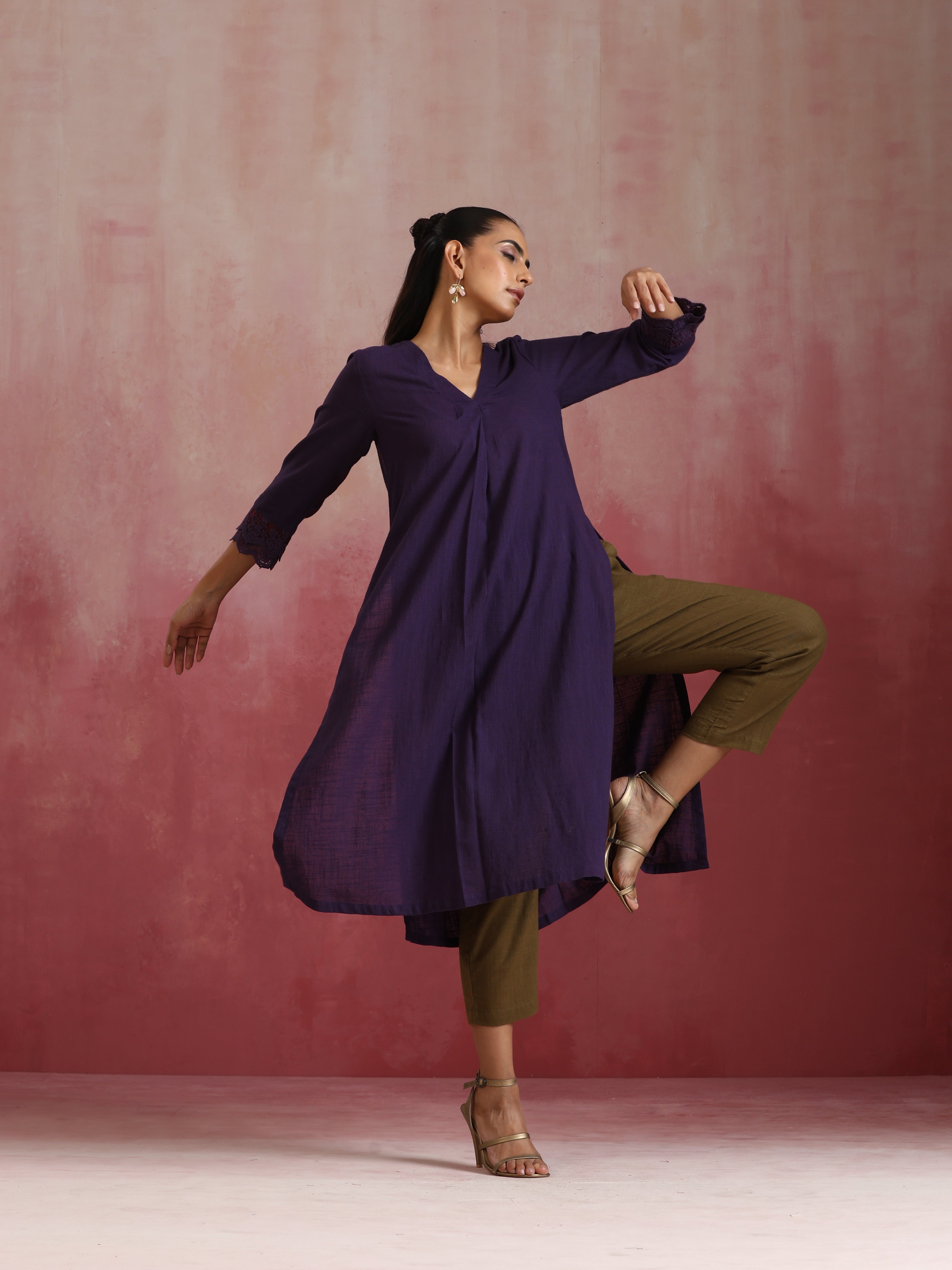 trueBrowns Purple Cotton Dobby Kurta Set | Grocsy