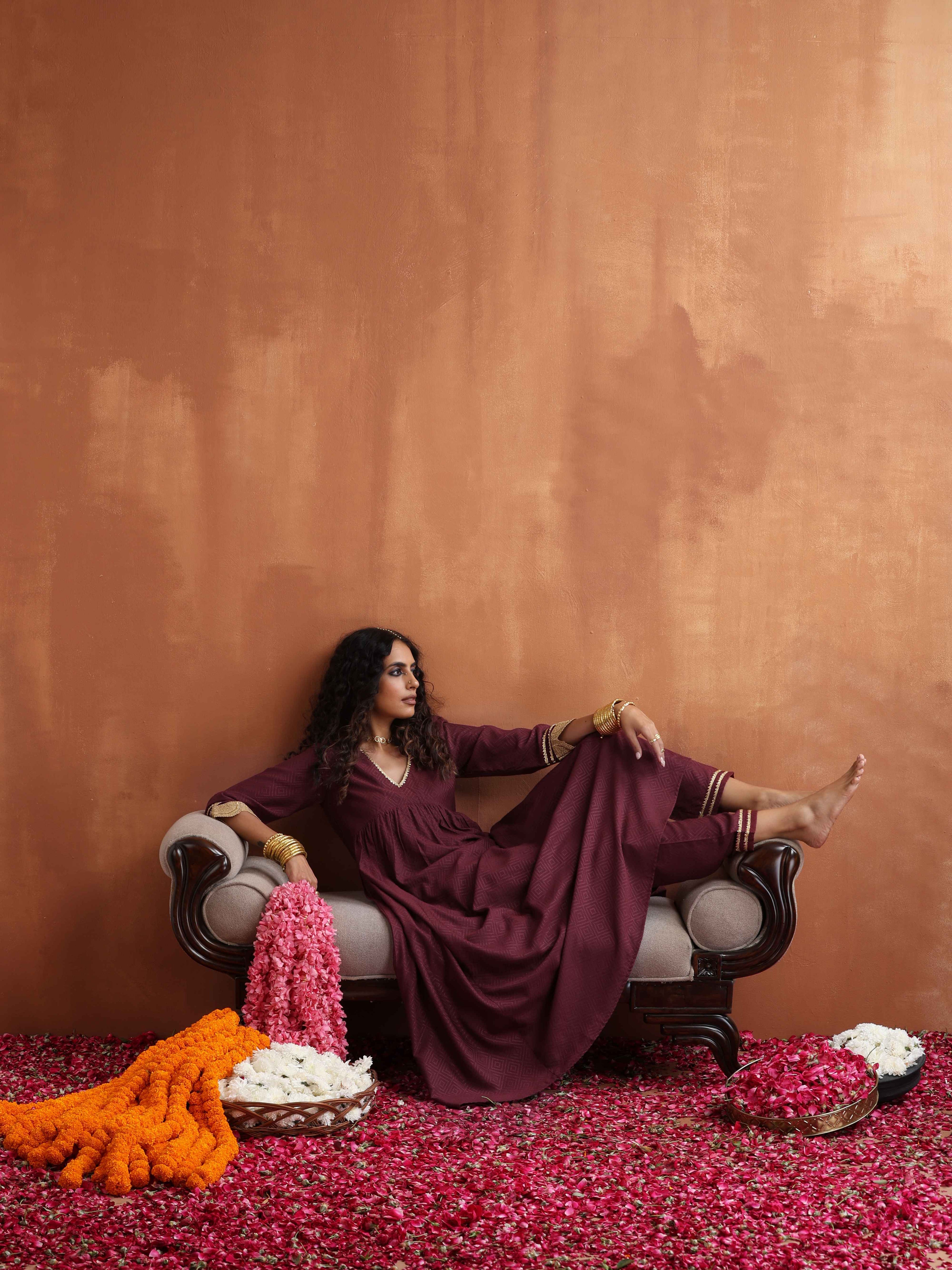 trueBrowns Maroon Flared Anarkali Kurta Set | Grocsy