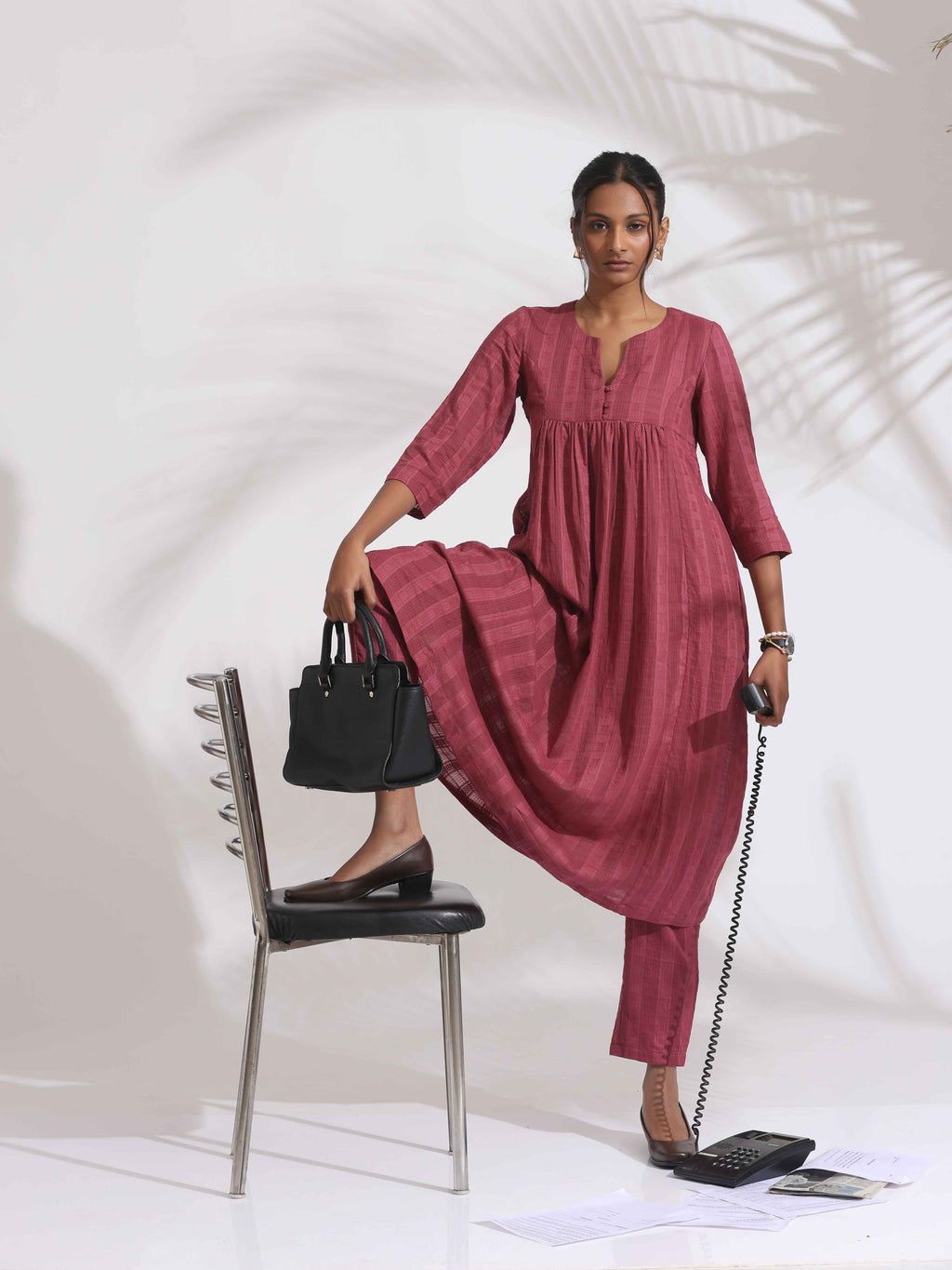 trueBrowns Maroon Cotton Flared Kurta Set | Grocsy