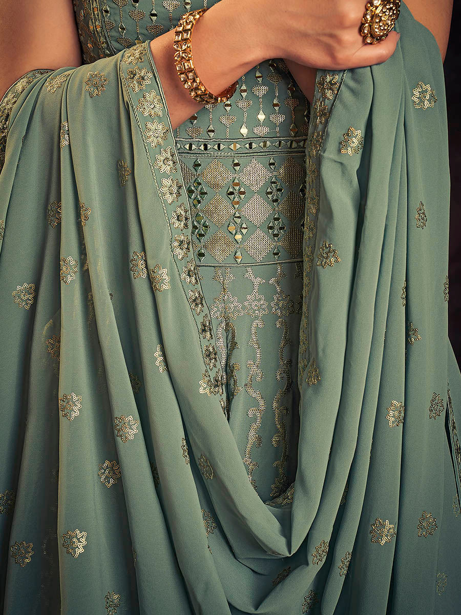 Myra Olive Real Georgette Designer Gown Style Suit | Grocsy