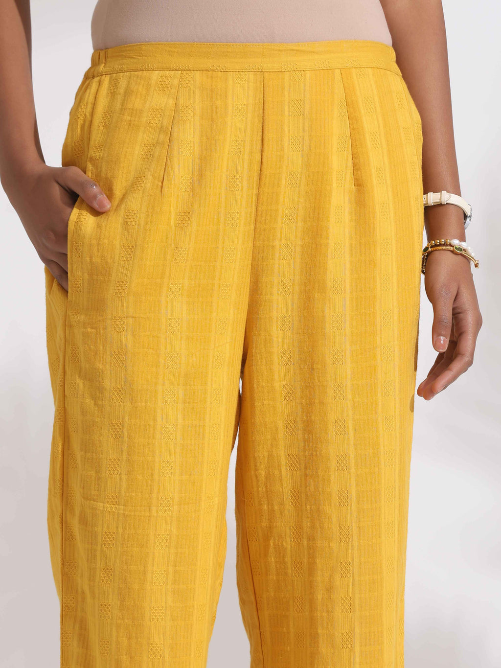 trueBrowns Yellow Cotton Pleated Shirt Kurta Set | Grocsy