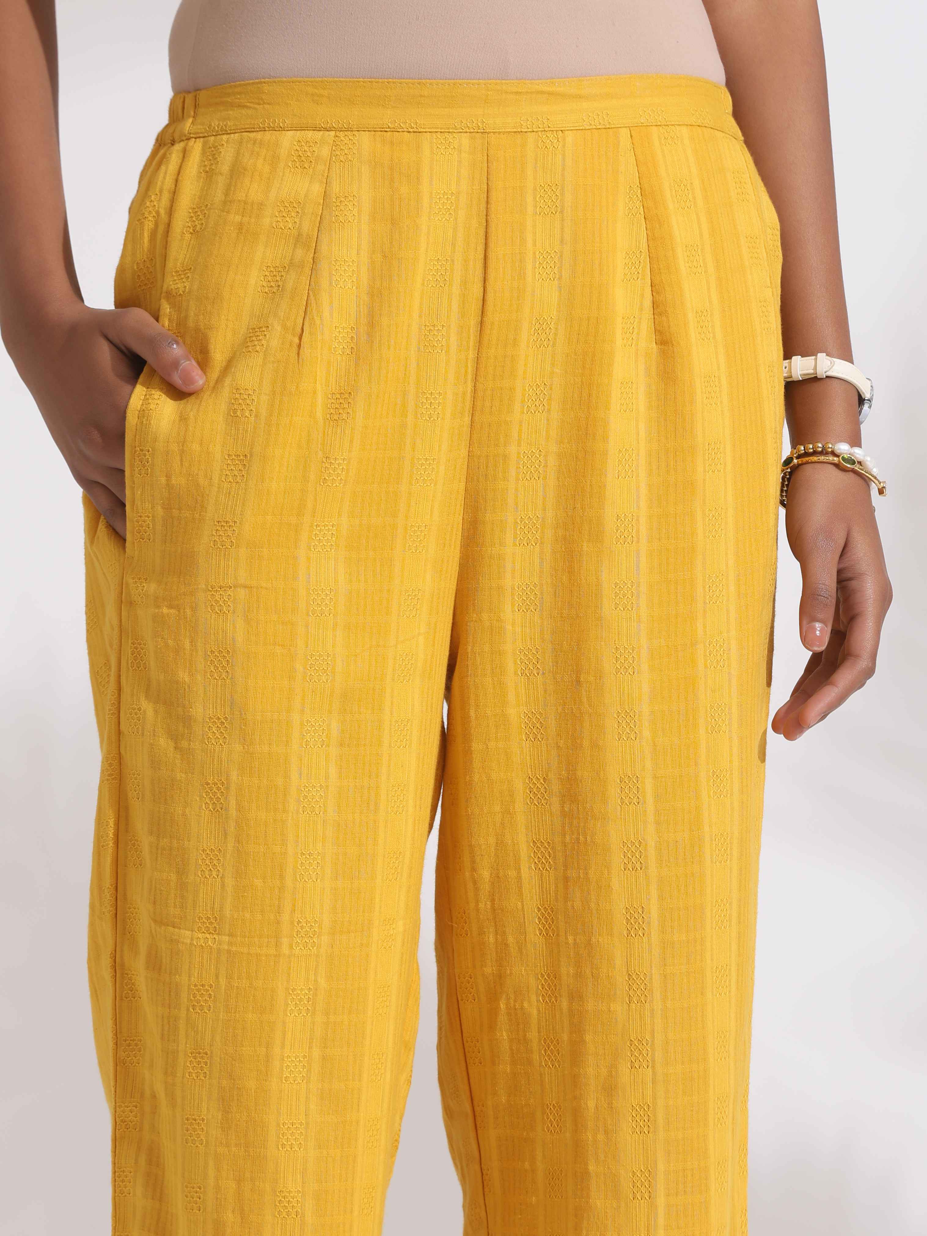trueBrowns Yellow Cotton Pleated Shirt Kurta Set | Grocsy