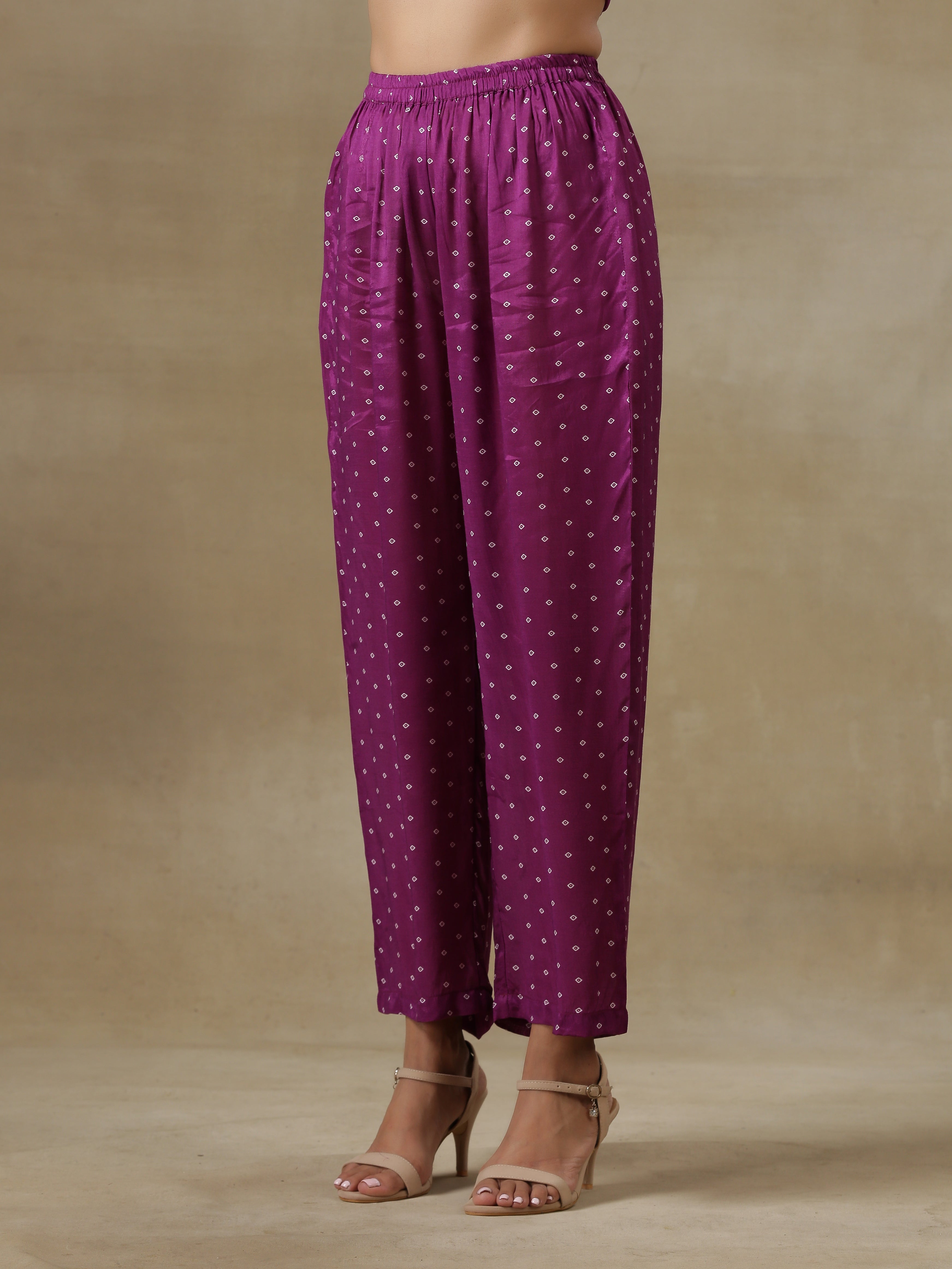 trueBrowns Purple Bandhani Printed Silk Drop Shoulder Kurta Pant Set | Grocsy