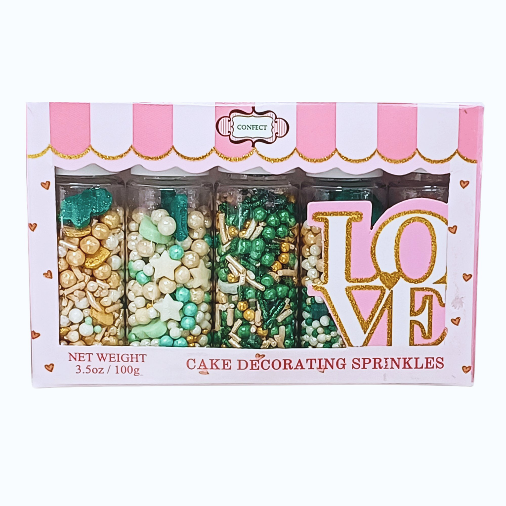 Confect Baby Shower Sprinkles | Gender Reveal Sprinkles | Gold, Silver, Mint Green & Pearl Dragees Pack of 5 (BABY SHOWER -09) | Grocsy