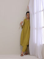 trueBrowns Avacado Green Dobby Flared Slit Kurta Pant Set | Grocsy