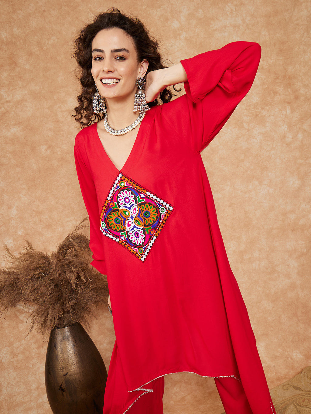 InWeave Women's Red Square Maroon Patch Work Assymentrical Kurta Set | Grocsy
