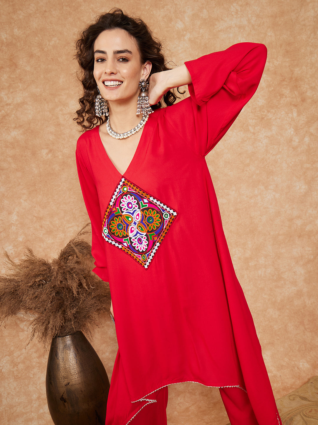 InWeave Women's Red Square Maroon Patch Work Assymentrical Kurta Set | Grocsy