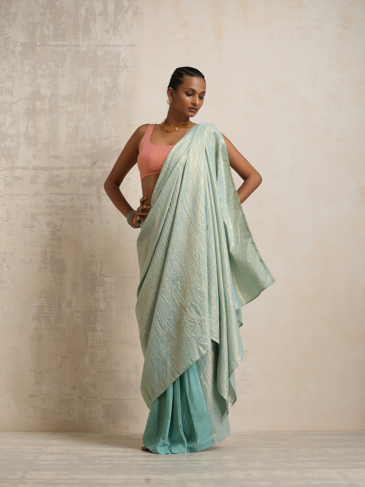 trueBrowns Blue Gold Metallic Ready To Wear Saree | Grocsy