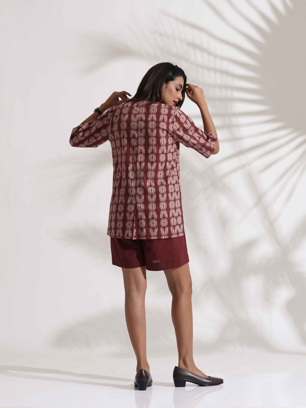 trueBrowns Brown Cotton Print Jacket Top & Short Co-ord Set | Grocsy