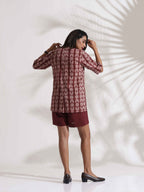trueBrowns Brown Cotton Print Jacket Top & Short Co-ord Set | Grocsy